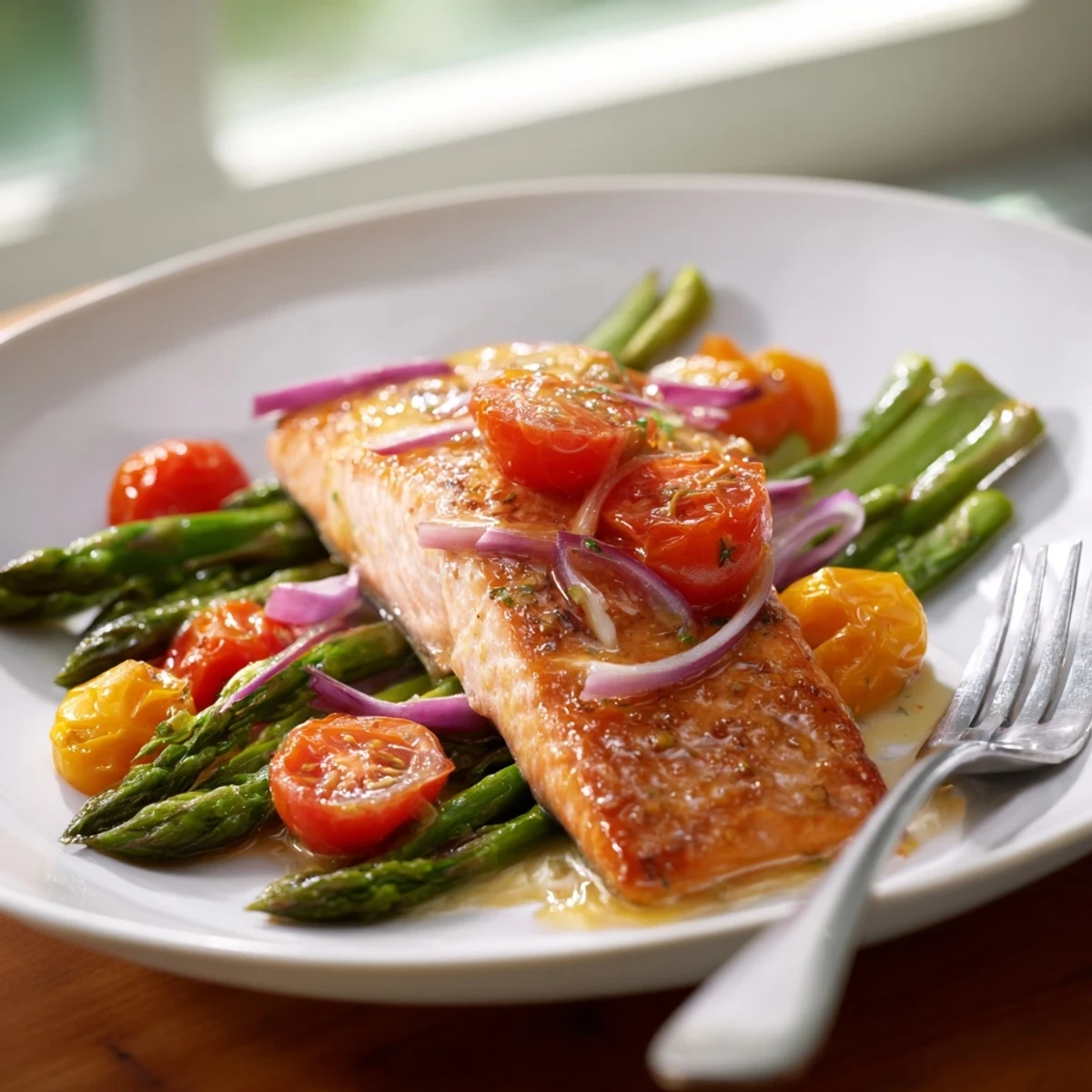 Juicy Sheet Pan Salmon with Asparagus and Tomatoes garnished with fresh parsley on a rustic wooden table.