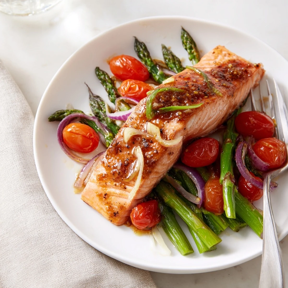 Golden-brown Sheet Pan Salmon with Asparagus and Tomatoes rests on a sheet pan next to lemon wedges.