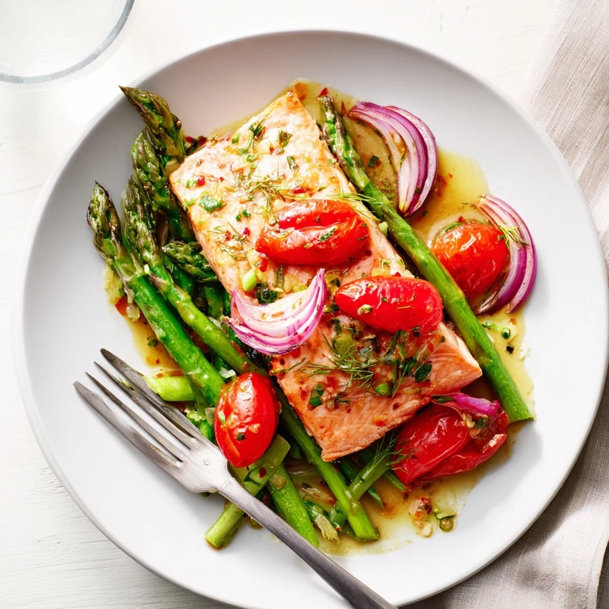 Tender Sheet Pan Salmon with Asparagus and Tomatoes served directly from the oven, with roasted vegetables glistening.