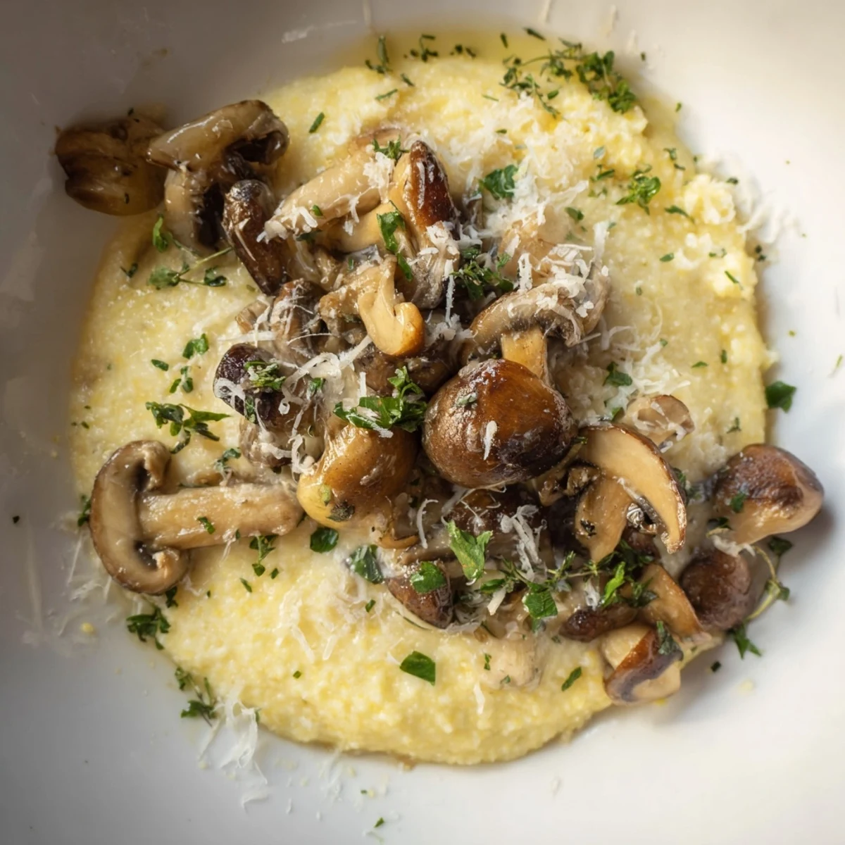 Creamy polenta with roasted mushrooms served in a rustic earthenware bowl, topped with golden-brown mushrooms and fresh parsley.