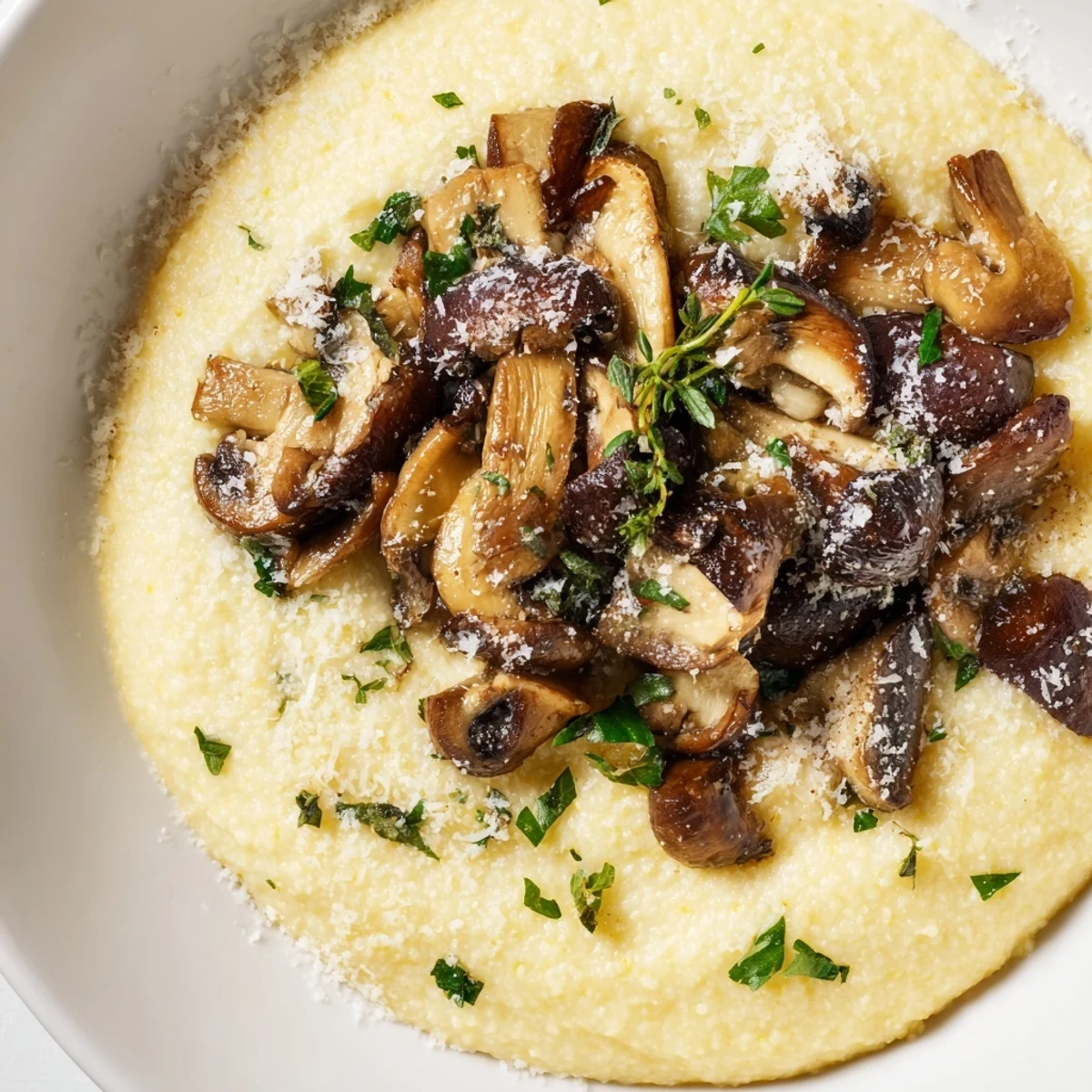 Overhead view of creamy polenta with roasted mushrooms in a shallow dish, garnished with parsley and freshly grated Parmesan cheese.
