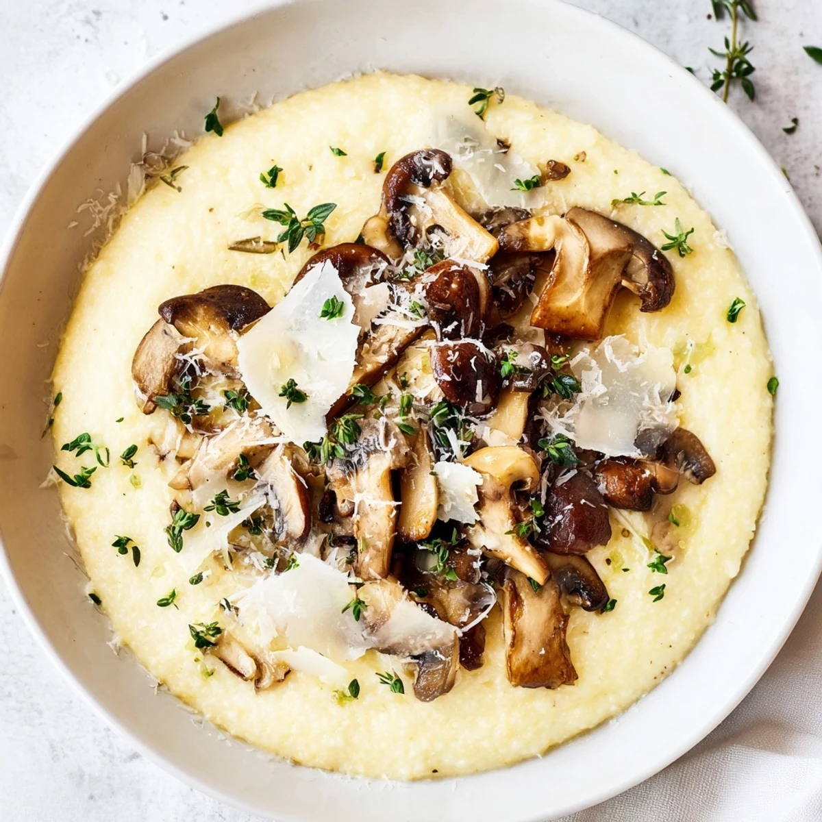 A close-up of creamy polenta with roasted mushrooms, showing velvety texture and savory herbs, perfect for a comforting vegetarian dinner.