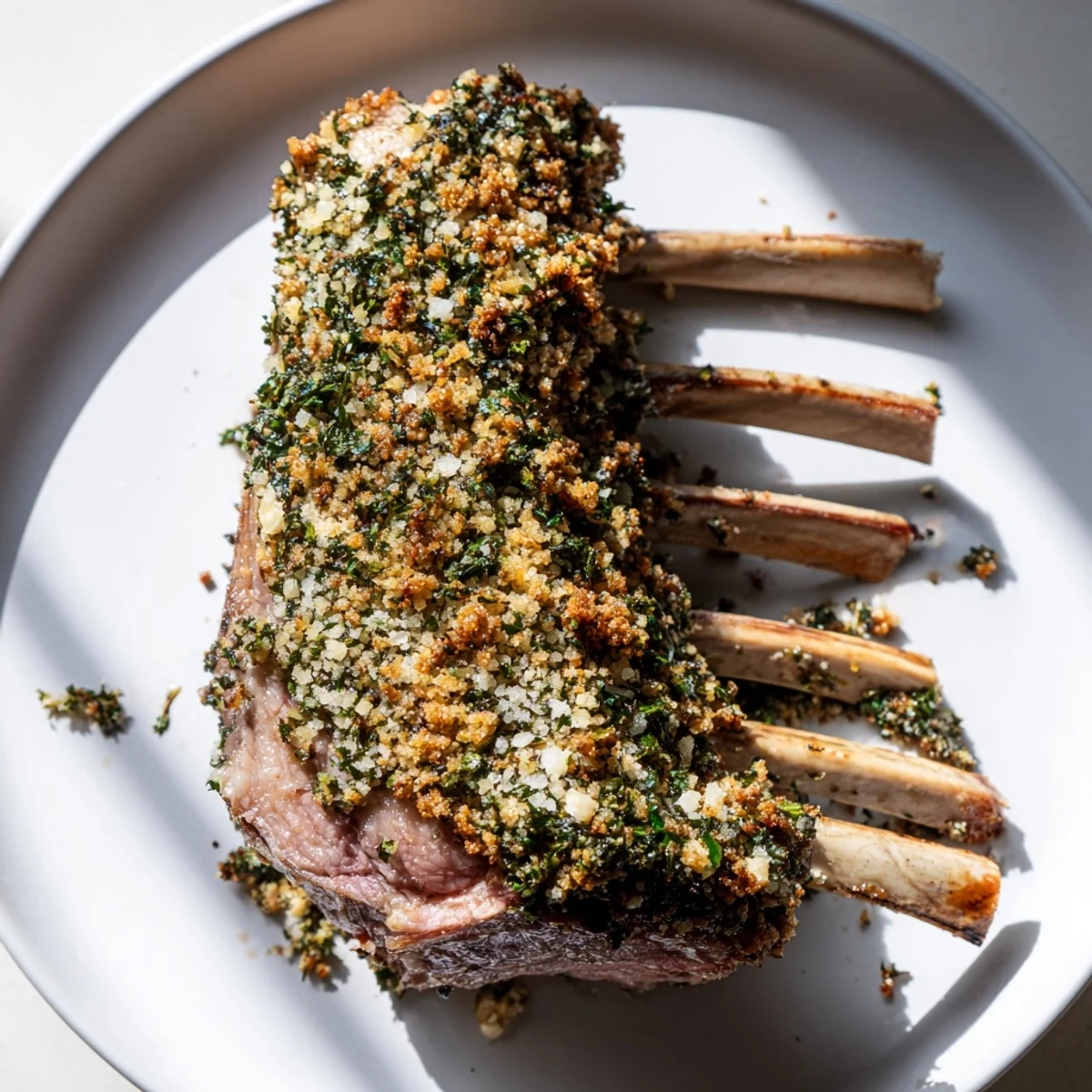 Golden-brown Roasted Lamb Rack with Herb Crumb Crust resting on a platter, ready to be sliced with a sharp knife for dinner.