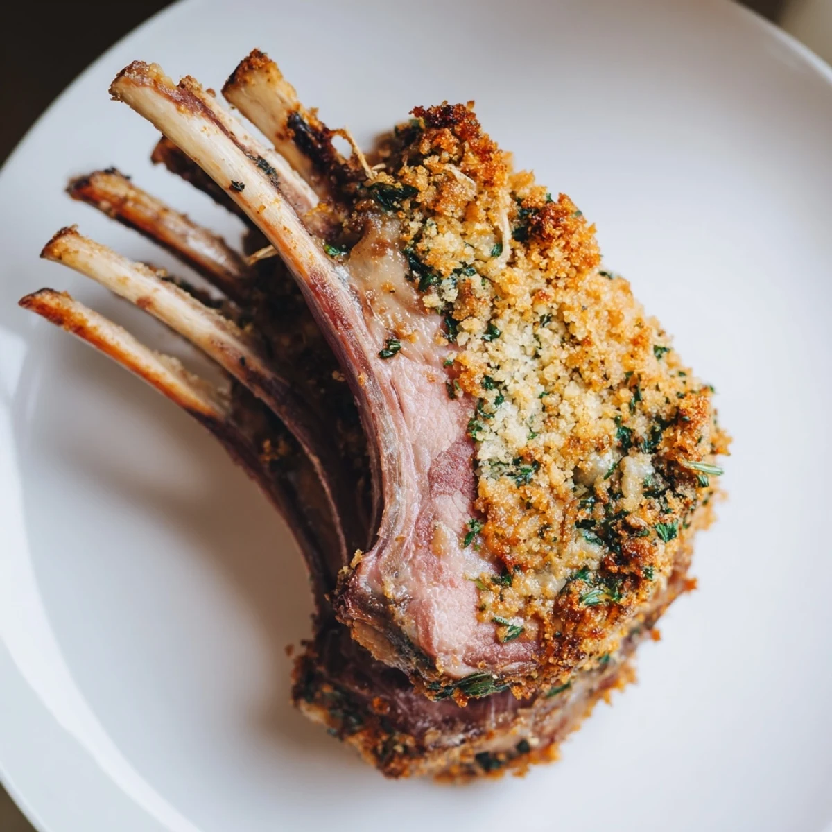 Sizzling Roasted Lamb Rack with Herb Crumb Crust, garnished with fresh rosemary and lemon wedges, served on a rustic wooden board.
