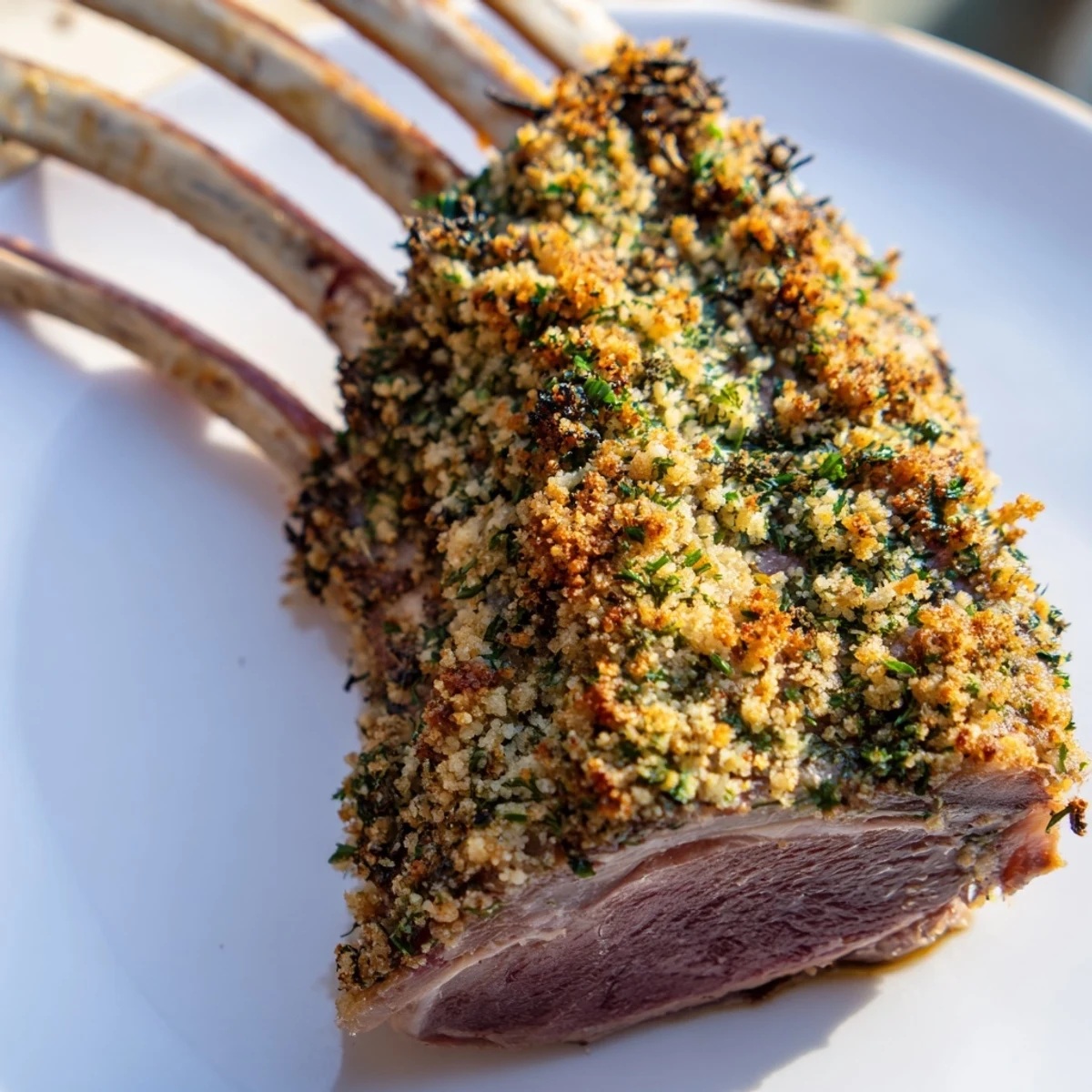 Juicy Roasted Lamb Rack with Herb Crumb Crust presented with roasted vegetables and a red wine sauce on an elegant serving dish.