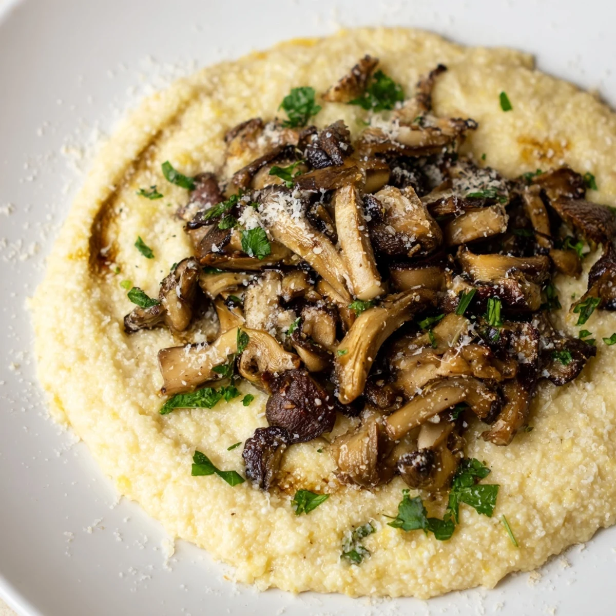 Creamy polenta with roasted wild mushrooms topped with fresh parsley in a rustic bowl.