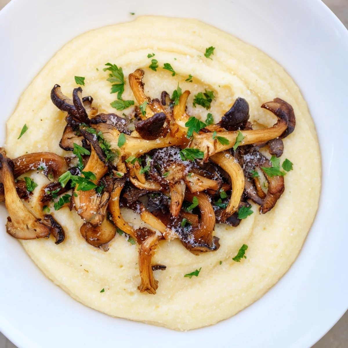 Golden roasted wild mushrooms atop creamy polenta garnished with thyme and Parmesan cheese.