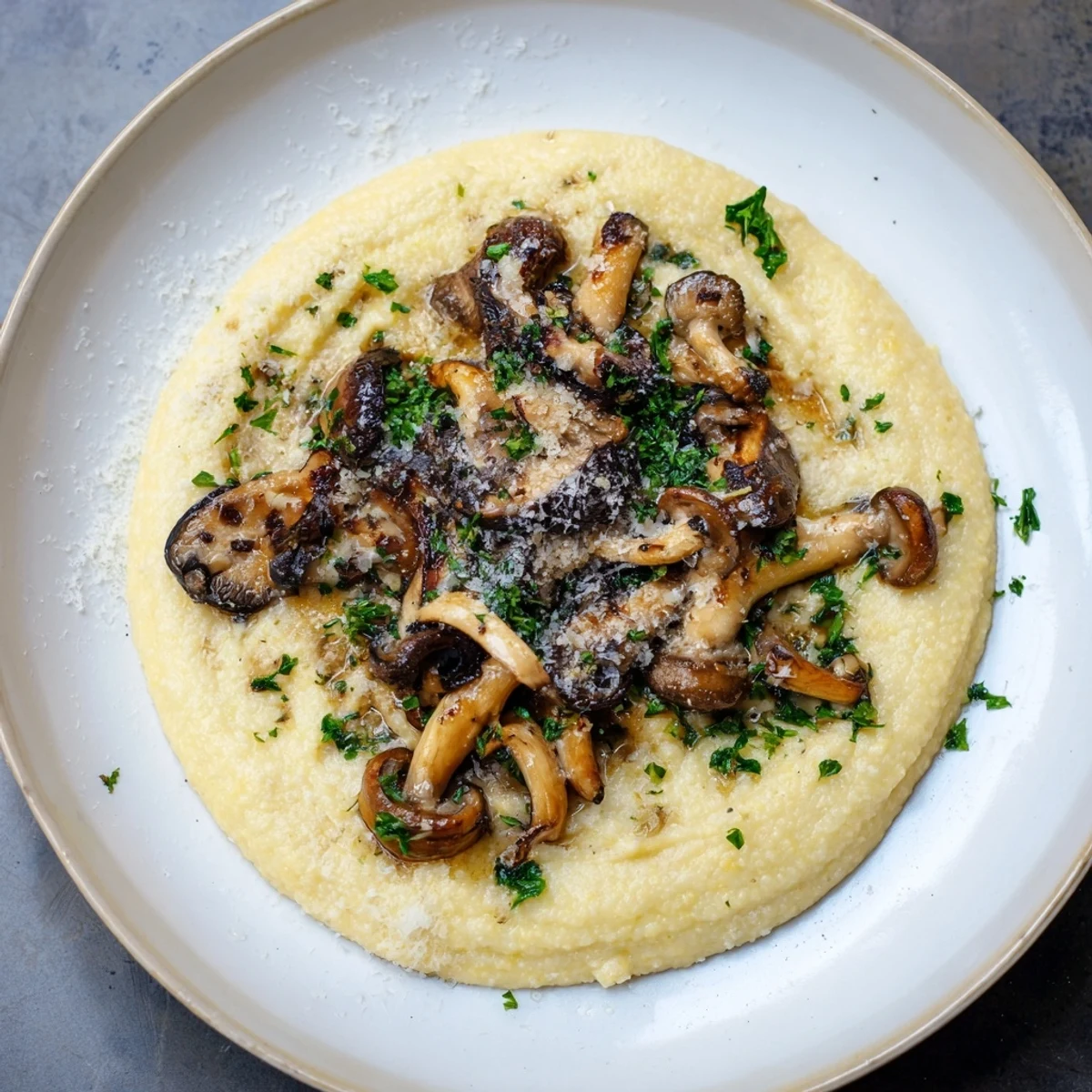 Spoon of creamy polenta and caramelized mushrooms served in a warm, comforting Italian style.