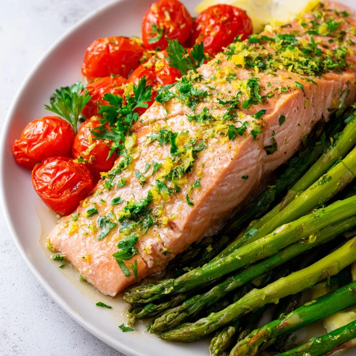 Vibrant Sheet Pan Salmon with Asparagus and Cherry Tomatoes garnished with fresh parsley.