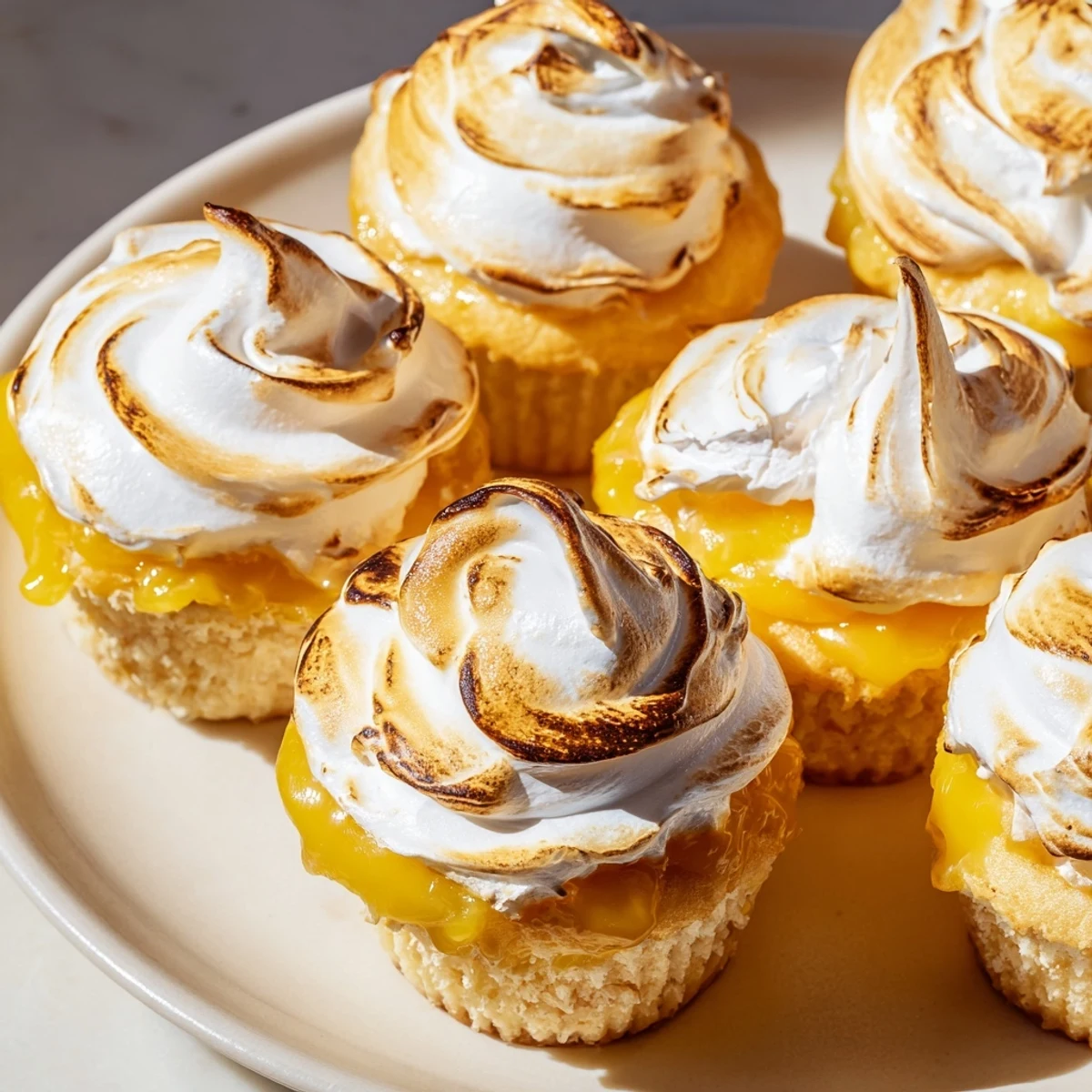 Golden-brown toasted meringue swirls crown moist Lemon Meringue Cupcakes with Curd Filling, revealing tangy lemon curd.