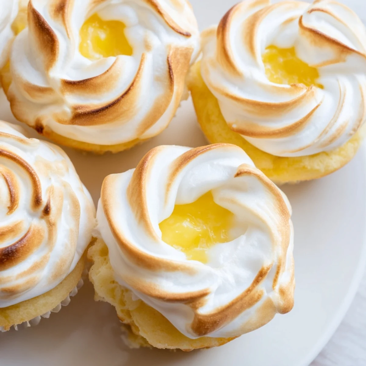 Lemon Meringue Cupcakes with Curd Filling sit on a rustic wooden board with fresh lemon slices nearby.