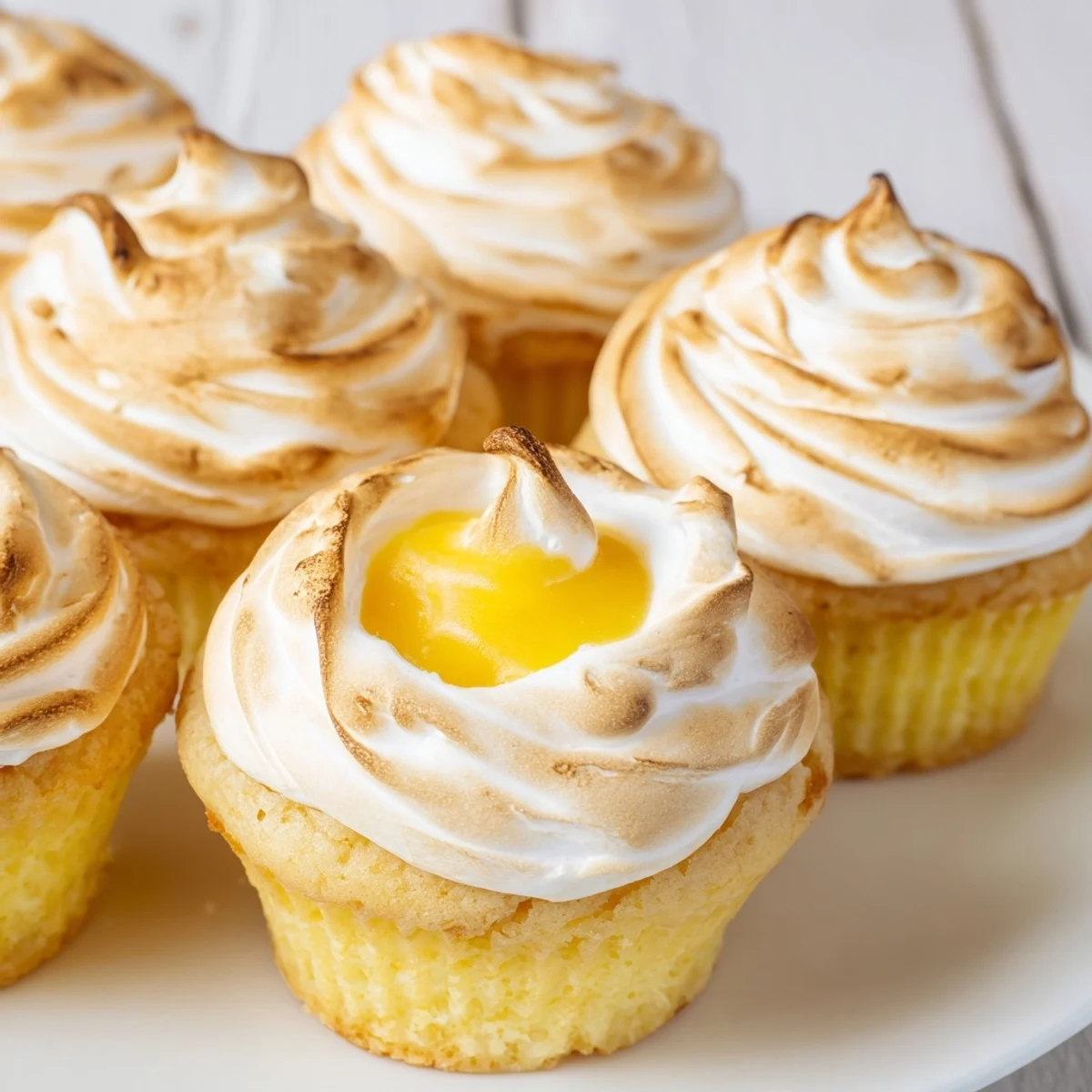 A hand holds a Lemon Meringue Cupcake with Curd Filling, showing fluffy meringue and bright yellow filling.