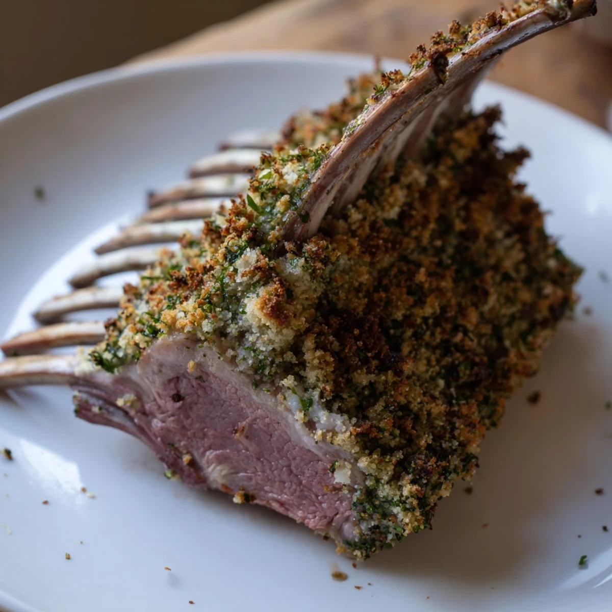 Sliced roasted lamb rack with herb crumb crust plated beside roasted potatoes and green beans for a complete meal.