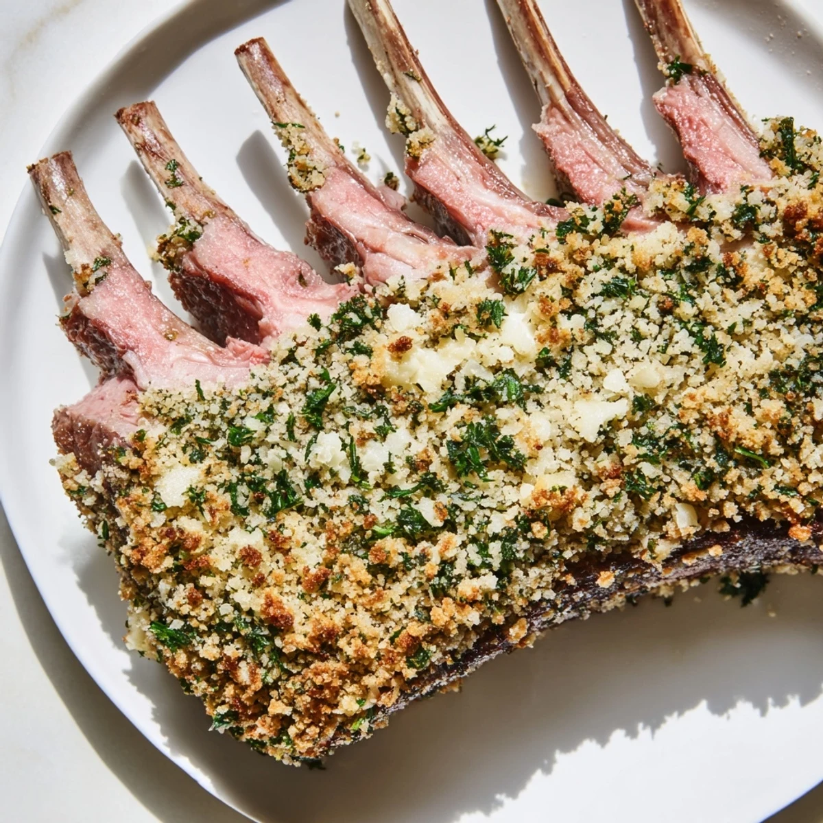 A close-up of a tender roasted lamb rack with herb crumb crust and a drizzle of Dijon mustard.