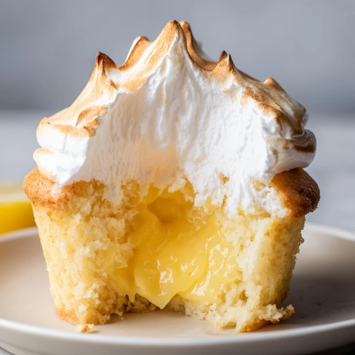 A piping bag fills each cupcake with bright yellow lemon curd, creating a vibrant contrast against the pale sponge.