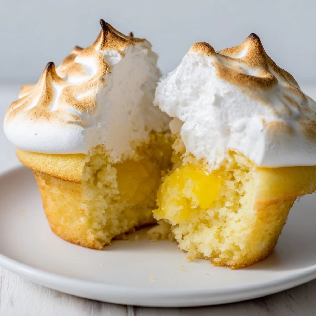 Freshly baked Lemon Meringue Cupcakes rest on a cooling rack, revealing golden cupcake liners and a moist crumb waiting to be filled.