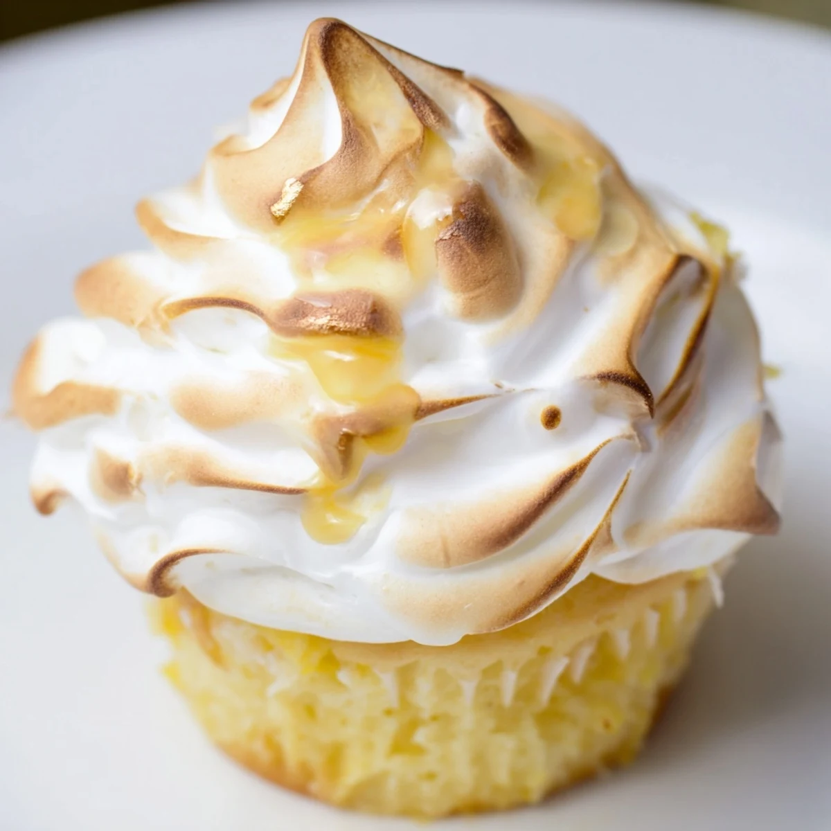 Freshly baked Lemon Meringue Cupcakes with tangy lemon curd peeking out from the center of each dessert.