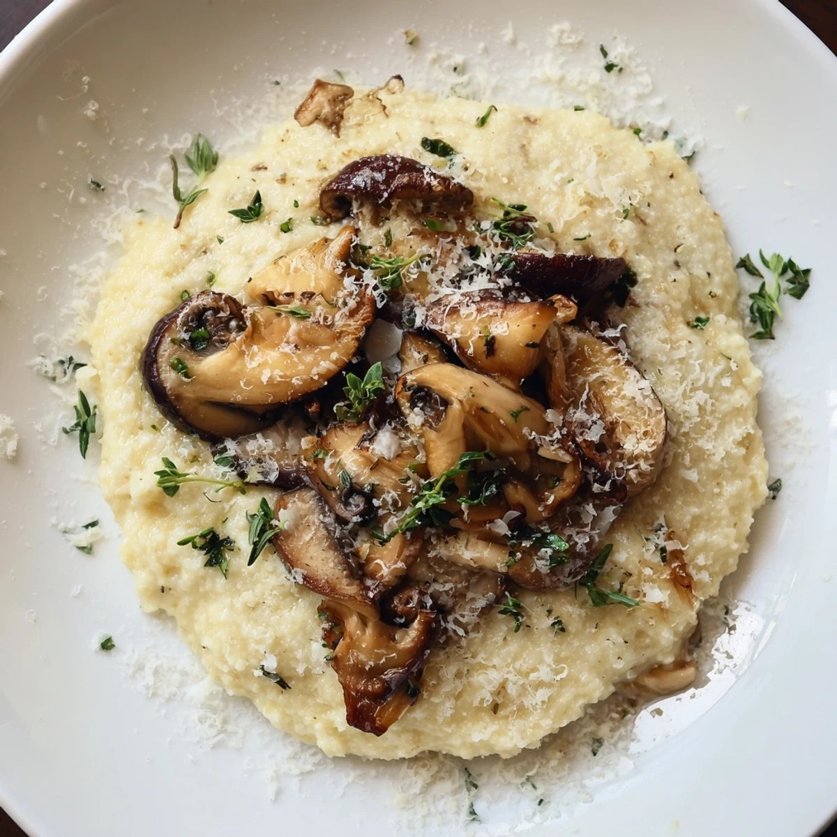 Creamy polenta with roasted mushrooms is a velvety Italian main dish topped with savory, golden-brown fungi.