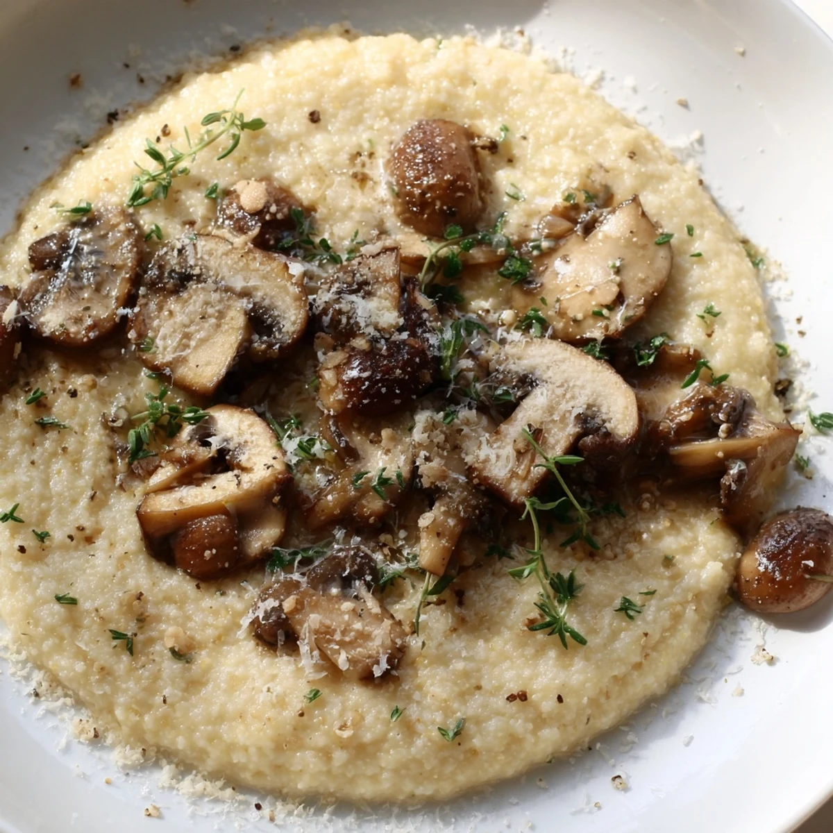 Hearty vegetarian creamy polenta with roasted mushrooms served warm, perfect for a comforting dinner side.