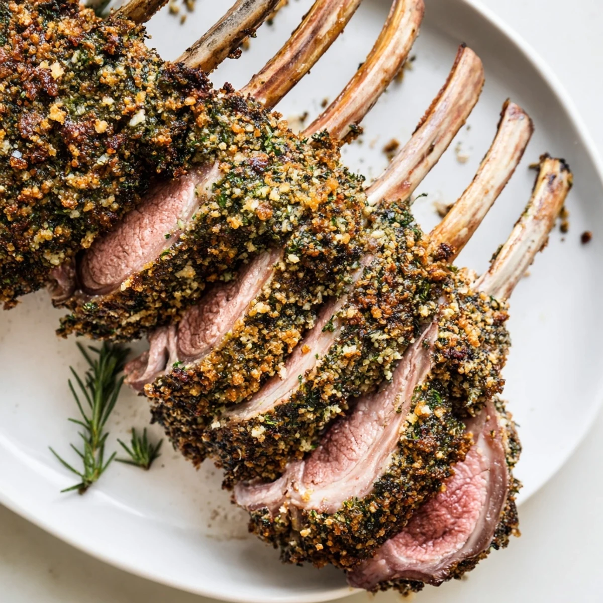 A golden-crusted rack of Roasted Lamb Rack with Herb Crust sits sliced on a rustic platter beside roasted potatoes.