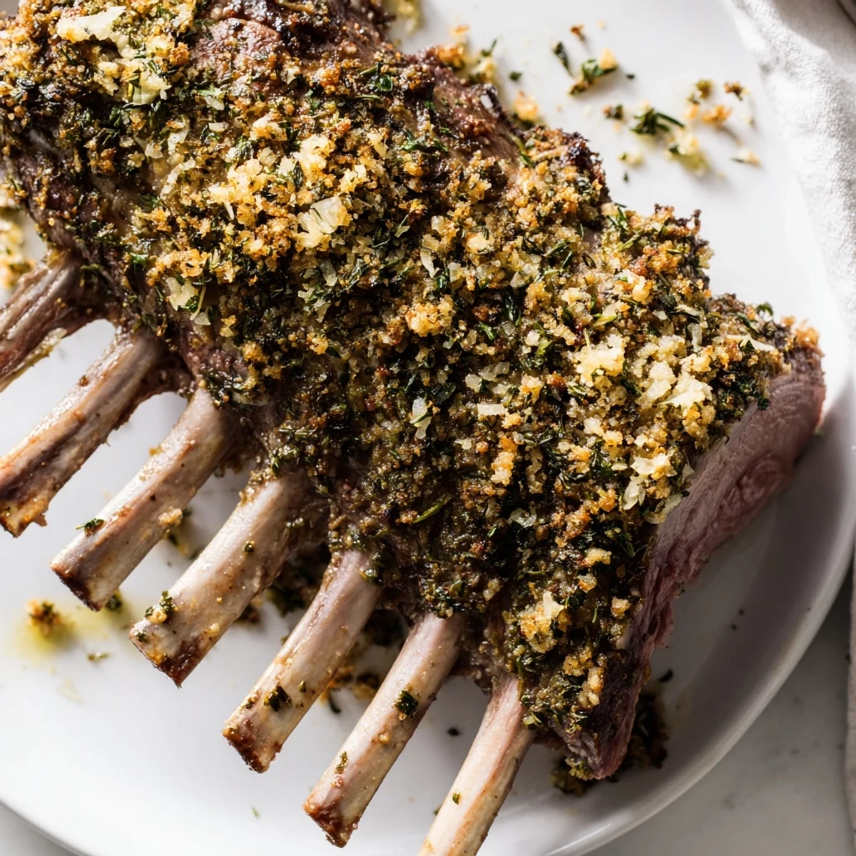 Savory Roasted Lamb Rack with Herb Crust roasted to perfection, featuring rosemary and thyme crust, served hot for dinner.