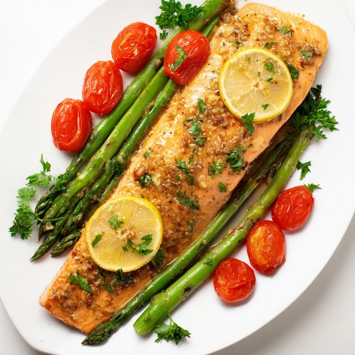 Golden-brown Sheet Pan Salmon with Asparagus and Tomatoes fresh from the oven, glistening with lemon garlic marinade.