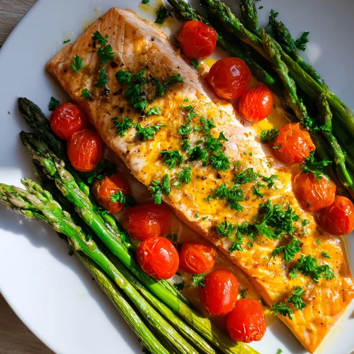 Succulent Sheet Pan Salmon with Asparagus and Tomatoes served on a platter with lemon wedges and parsley.