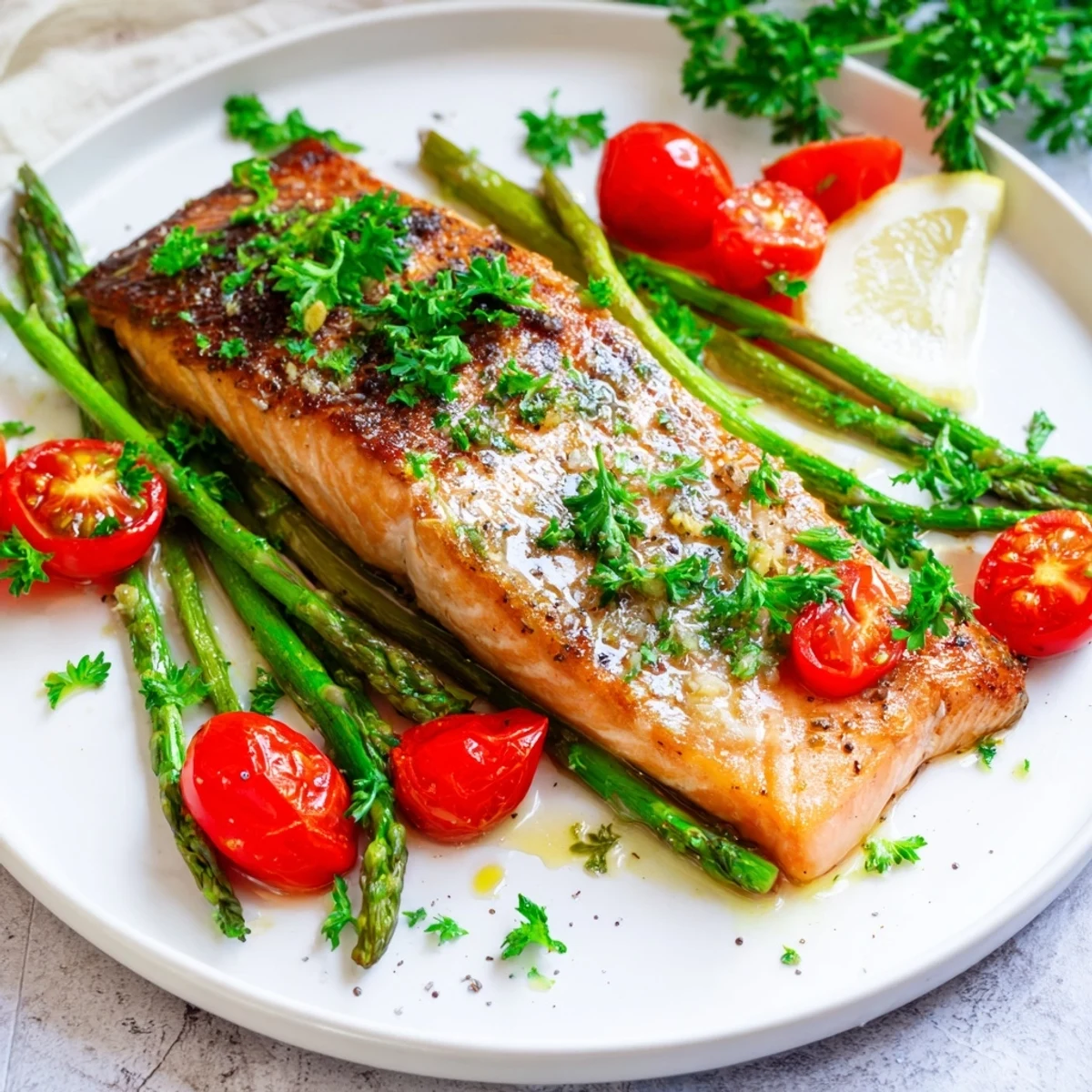 Easy weeknight Sheet Pan Salmon with Asparagus and Tomatoes, perfect for a low-carb, gluten-free dinner.