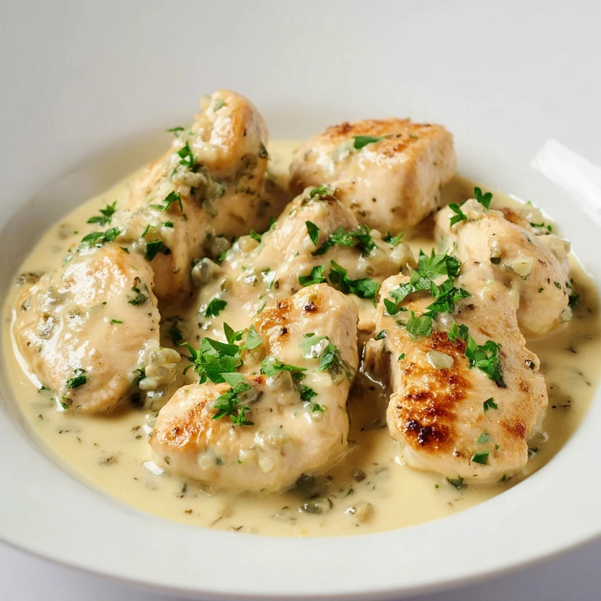 Creamy Boursin Chicken served over fluffy mashed potatoes with fresh parsley garnish on a rustic plate.