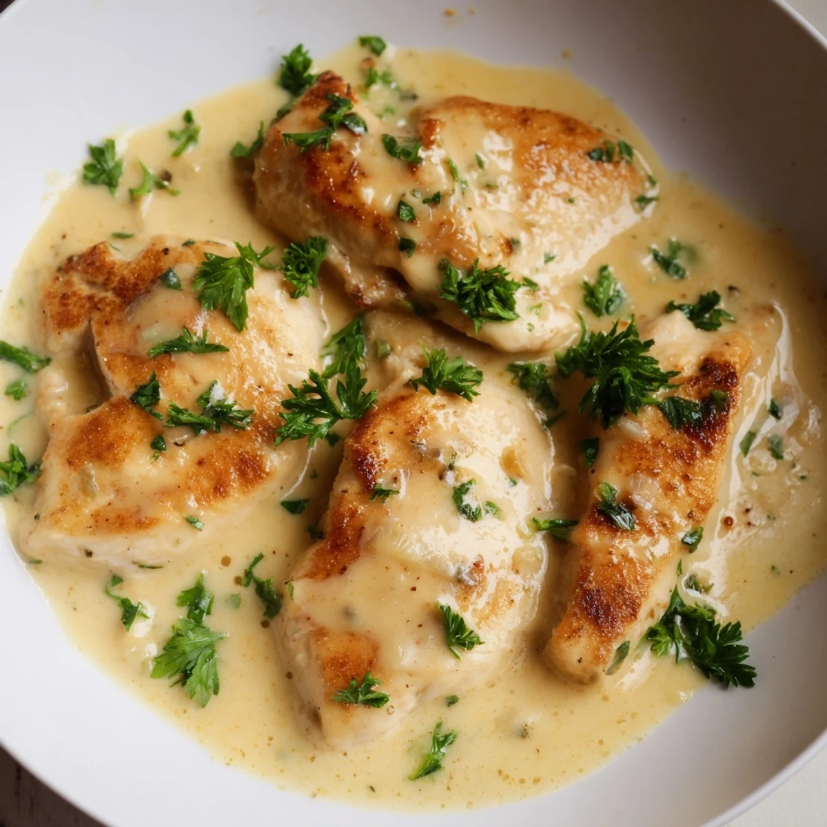 A skillet of golden seared Creamy Boursin Chicken simmering in a rich, garlicky herb cheese sauce.