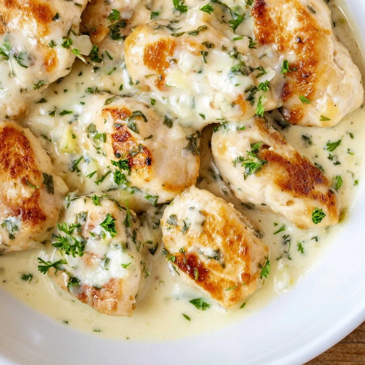 Tender Creamy Boursin Chicken breasts paired with steamed green beans and a glass of white wine.