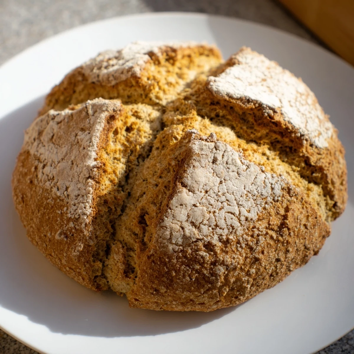 A rustic loaf of Authentic 4-Ingredient Irish Soda Bread cut open to show its tender, fluffy crumb, served with butter and jam.  
