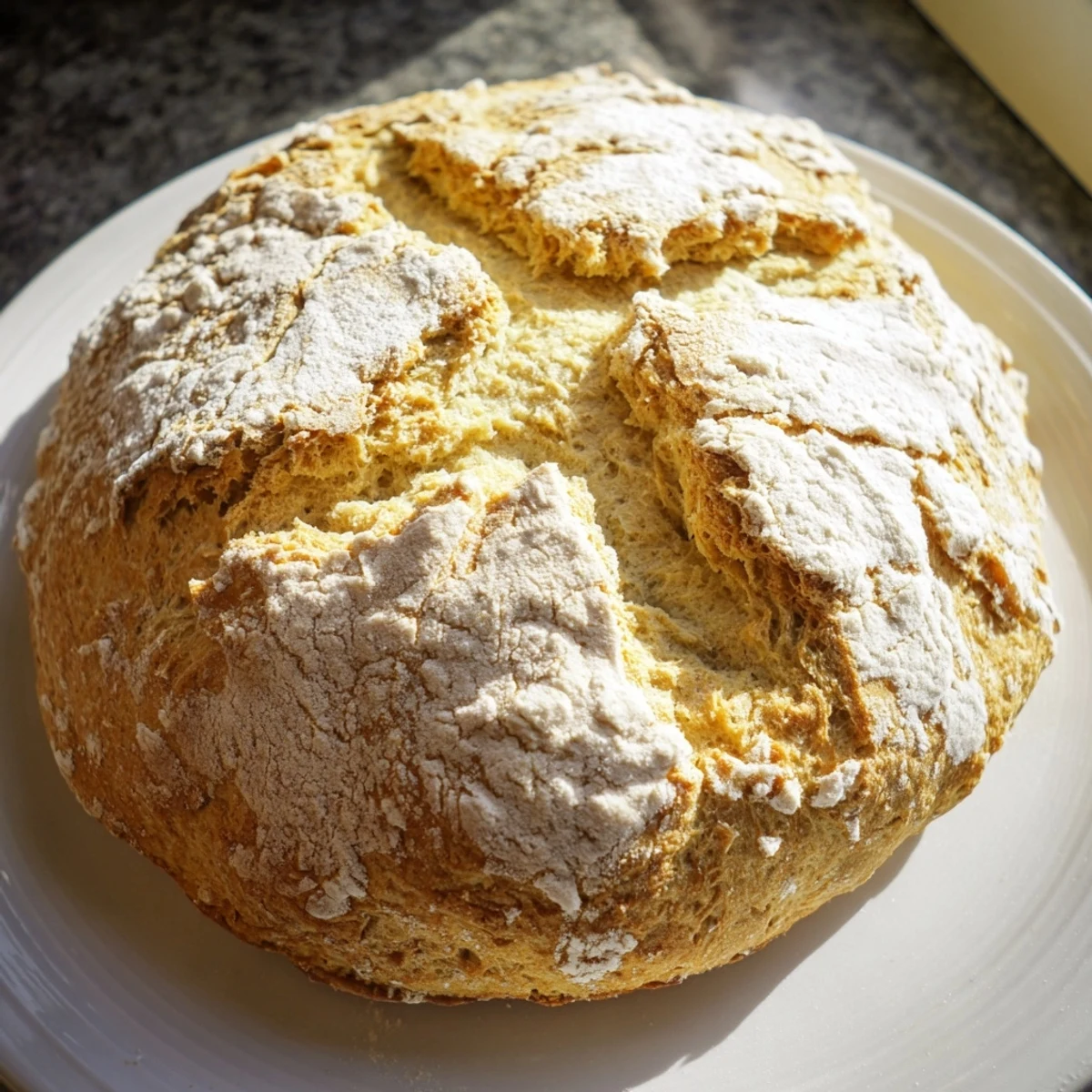Freshly baked Authentic 4-Ingredient Irish Soda Bread with a golden, crusty exterior, sitting on a wooden cutting board ready to slice.  