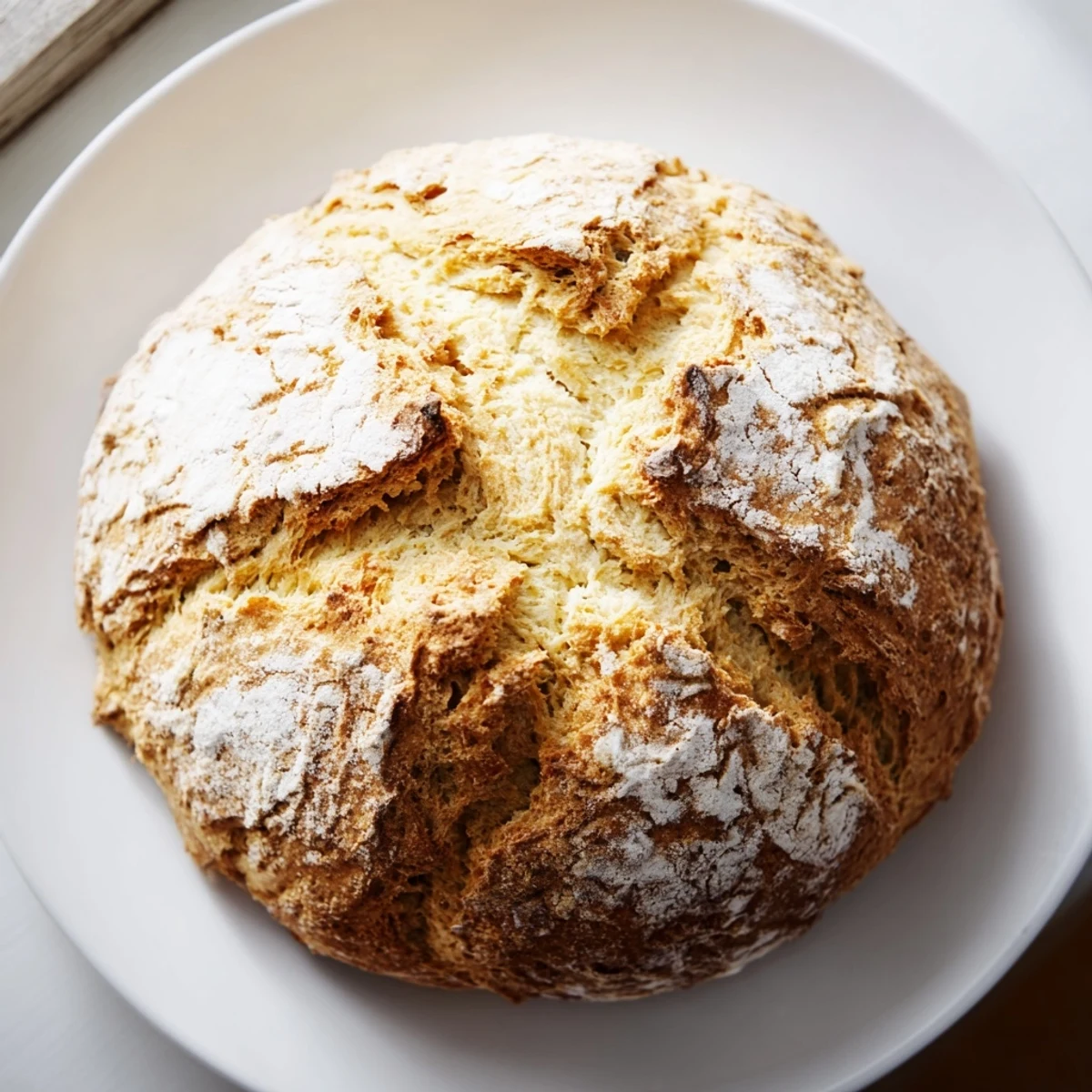 Warm Authentic 4-Ingredient Irish Soda Bread resting on a wire rack after baking, with flour dusted on top for a rustic look.