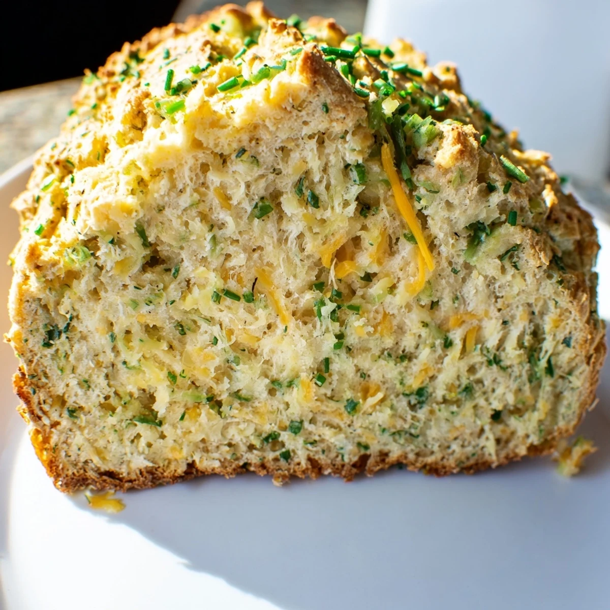 Freshly baked Savory Herbed Cheddar Irish Soda Bread loaf with melted cheddar and herbs on a rustic wooden board.