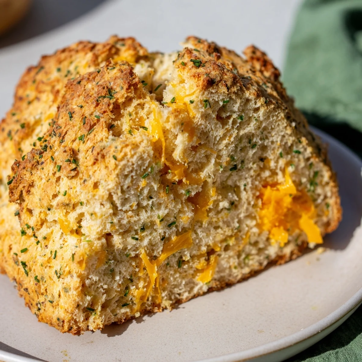 Slice of Savory Herbed Cheddar Irish Soda Bread showing a tender crumb, perfect for serving with warm soup.
