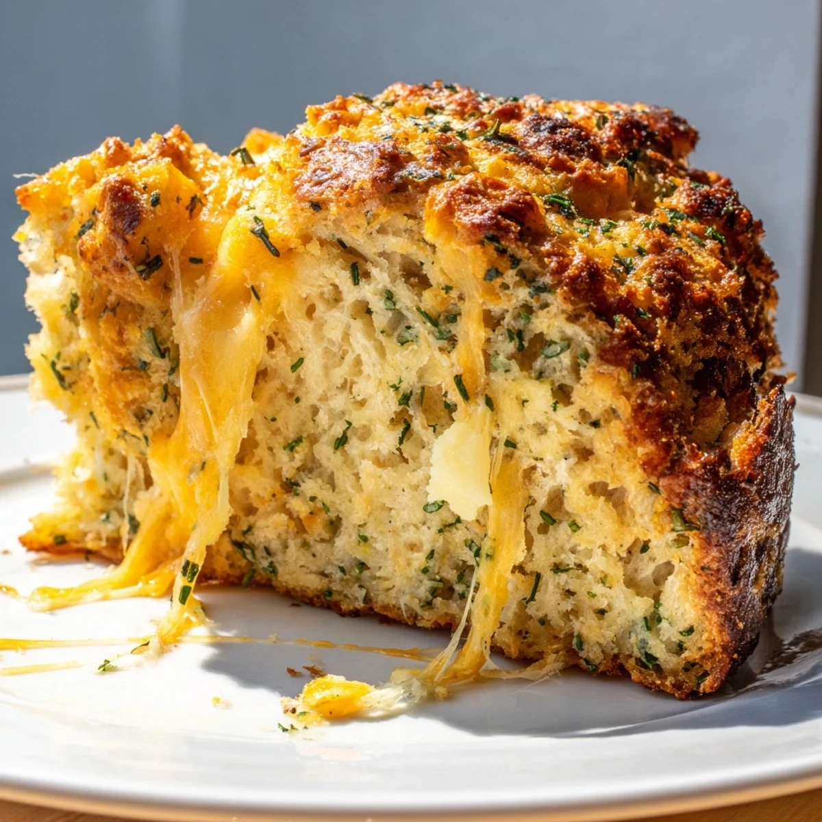 Golden Savory Herbed Cheddar Irish Soda Bread loaf cooling on a wire rack with fresh herbs nearby.