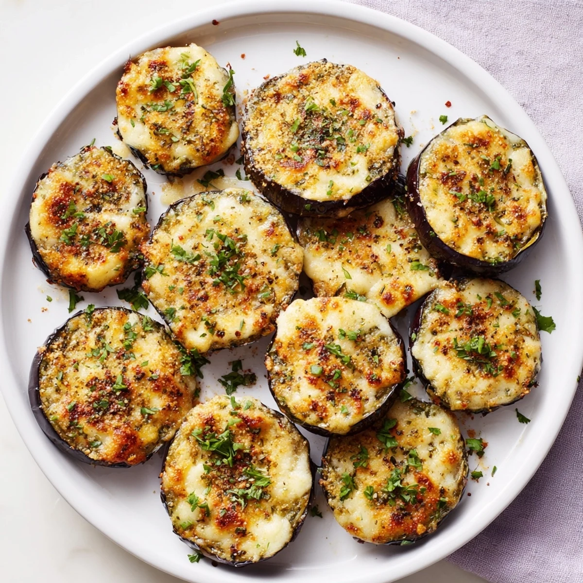 Golden roasted Mediterranean Roasted Eggplant & Parmesan Crisps topped with bubbly, savory cheese and fresh herbs on a platter.