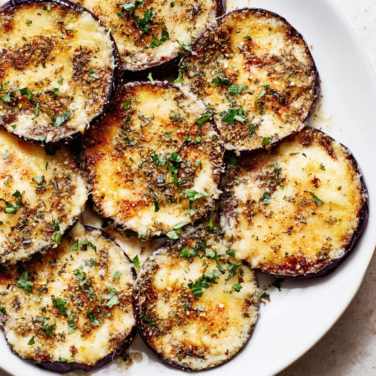 Close-up of Mediterranean Roasted Eggplant & Parmesan Crisps showing crisp edges and garnish with lemon wedges for bright flavor.