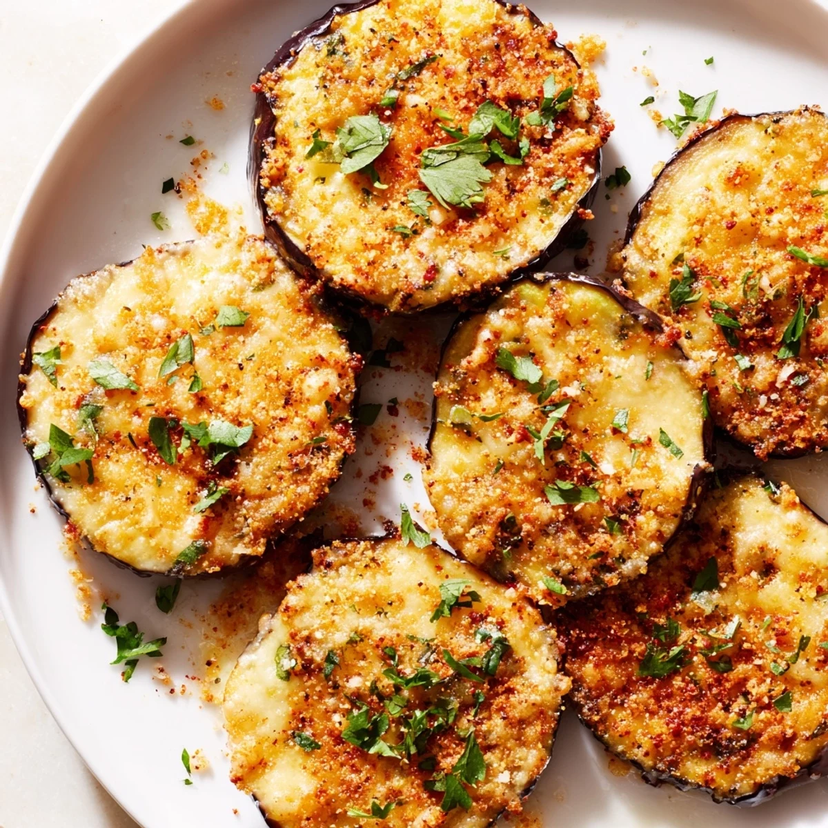 Appetizer platter of Mediterranean Roasted Eggplant & Parmesan Crisps served on rustic board, ideal for vegetarian gluten-free snacking.