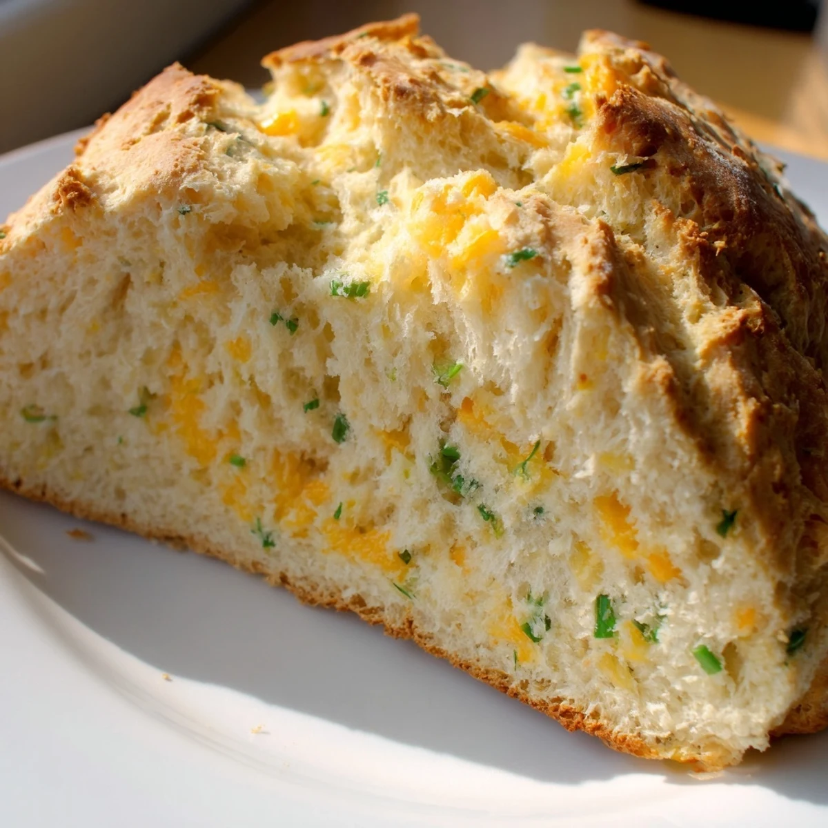 A close-up of golden Savory Cheddar & Chive Irish Soda Bread loaf with melted cheese and green herbs on top, sliced to show tender crumb.
