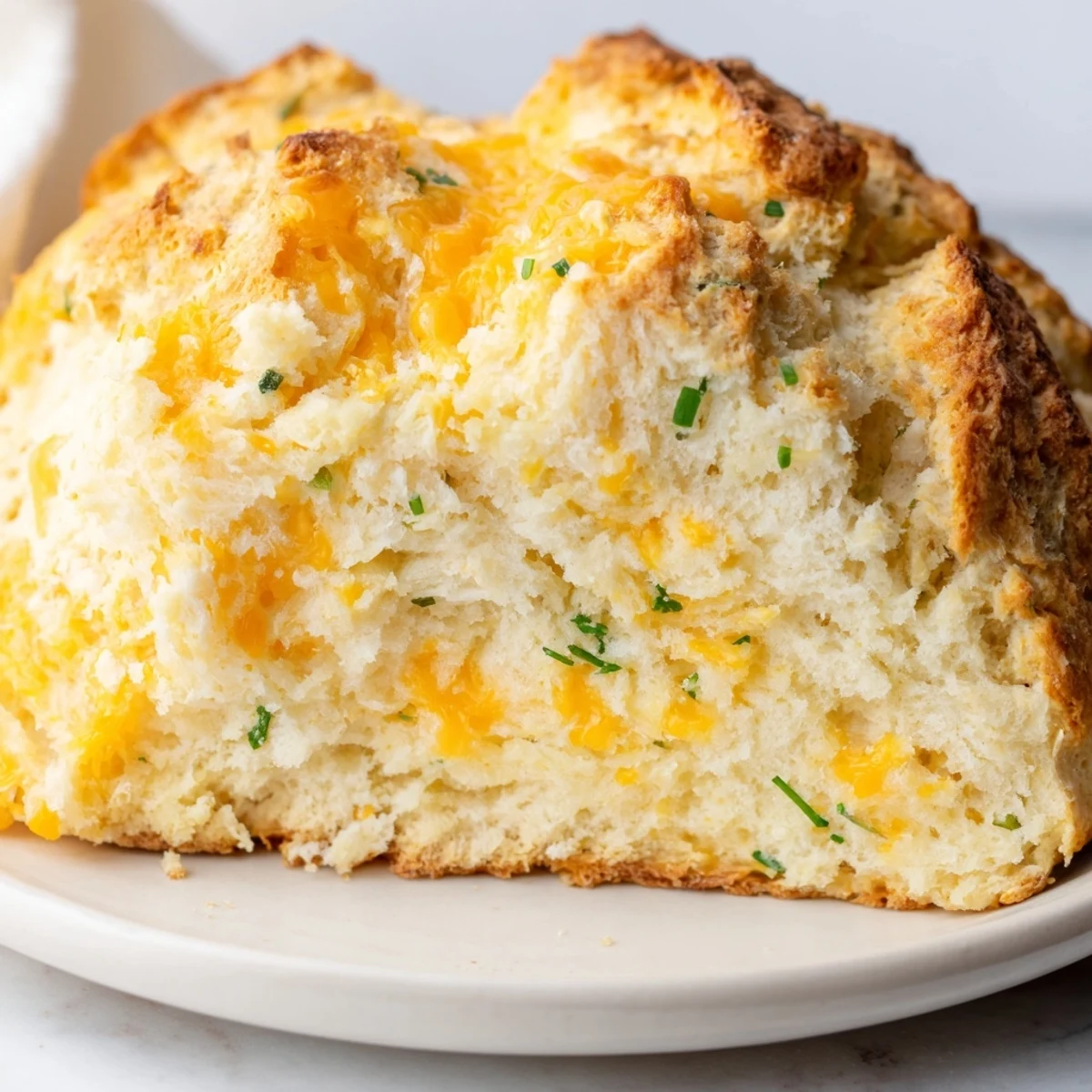 Savory Cheddar & Chive Irish Soda Bread resting on a rustic board, perfect with butter alongside steaming tomato soup for cozy comfort.