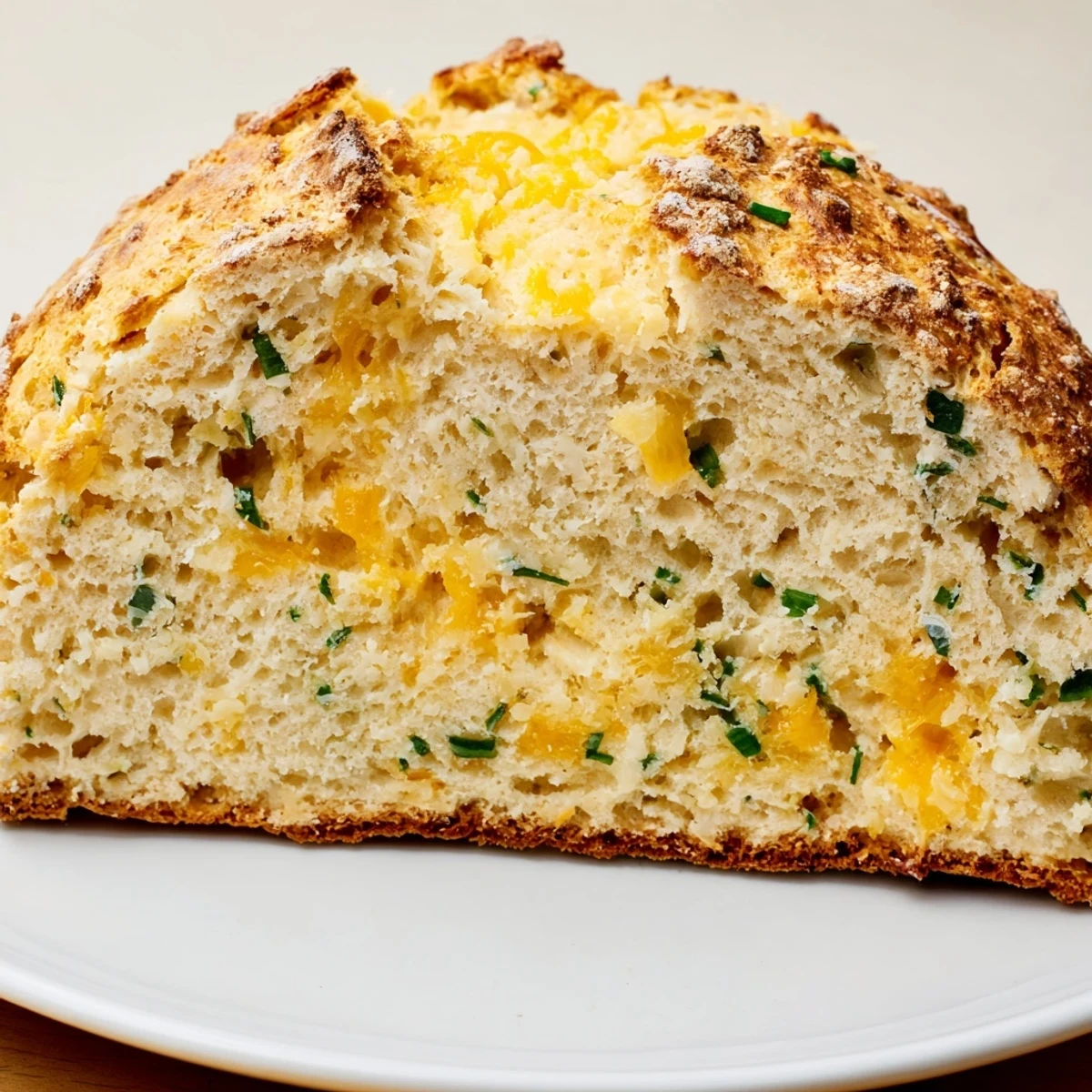 Freshly baked Savory Cheddar & Chive Irish Soda Bread with a deep X cut, sharp cheddar crust, and scattered chives on a linen surface.
