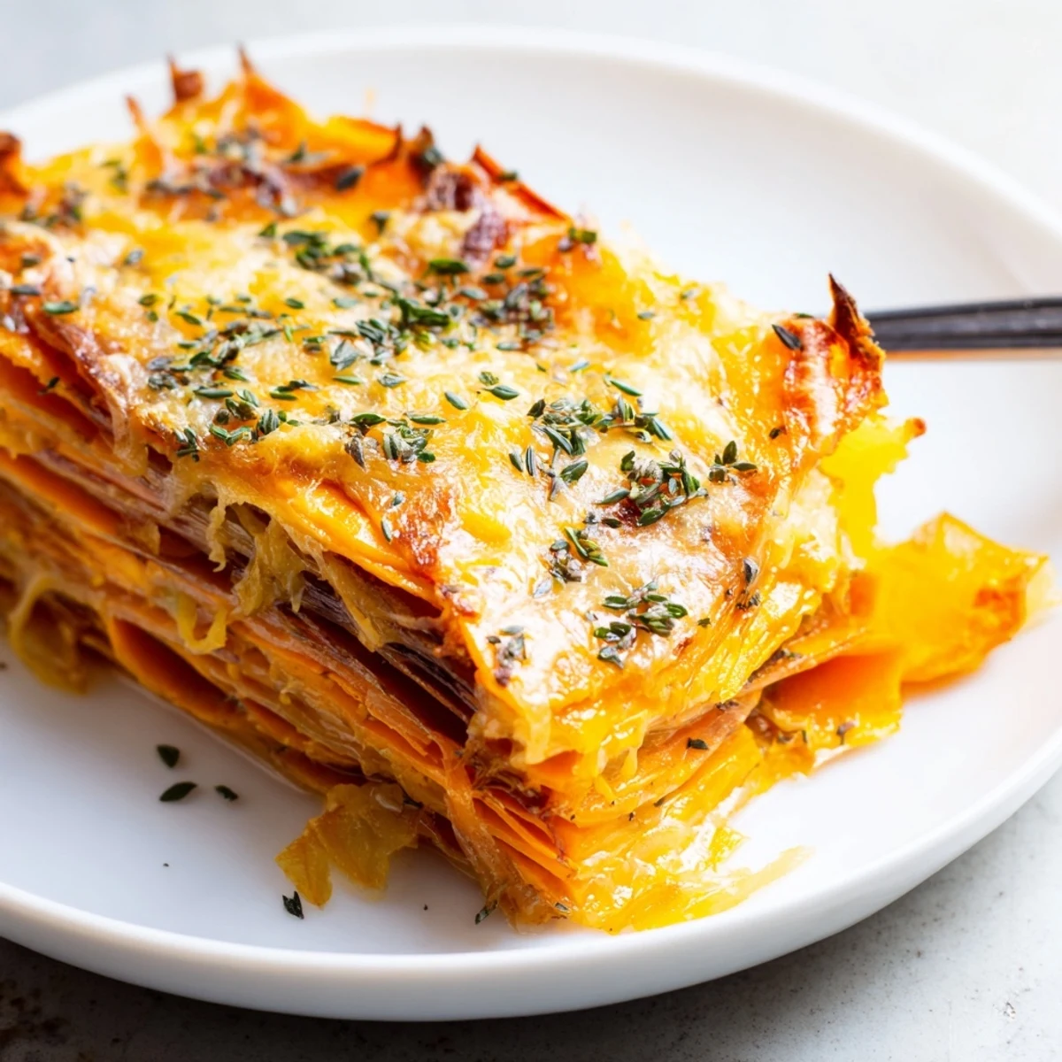 Golden baked Cheesy Sweet Potato Gratin with Caramelized Onions Delight in a ceramic dish, topped with bubbly cheese and fresh chives.  