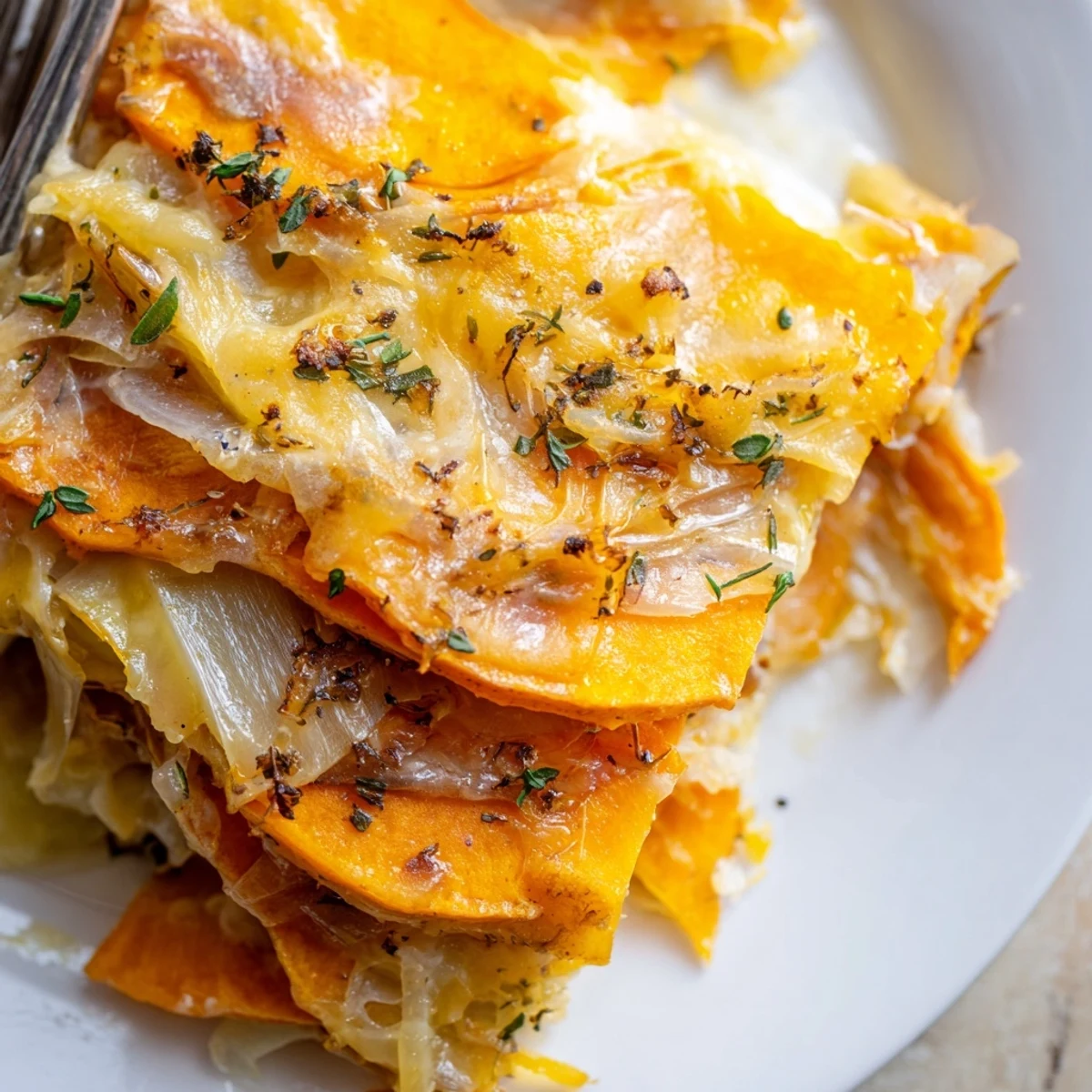 Close-up of Cheesy Sweet Potato Gratin with Caramelized Onions Delight revealing creamy layers and caramelized onion strands for a gluten-free dinner.