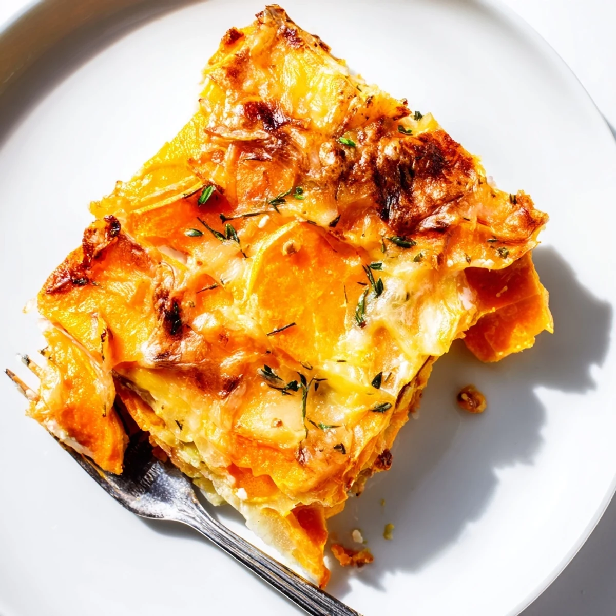 Comforting Cheesy Sweet Potato Gratin with Caramelized Onions Delight served as a hearty vegetarian side on a rustic wooden table.  
