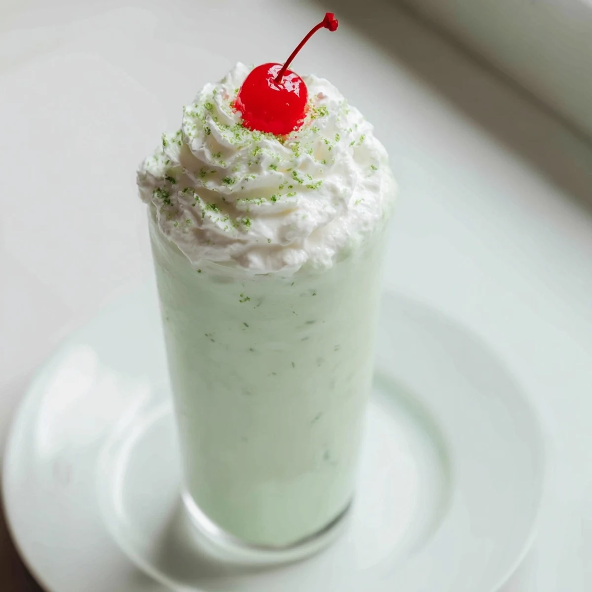 A tall glass of the Homemade Copycat Shamrock Shake topped with whipped cream and a cherry.