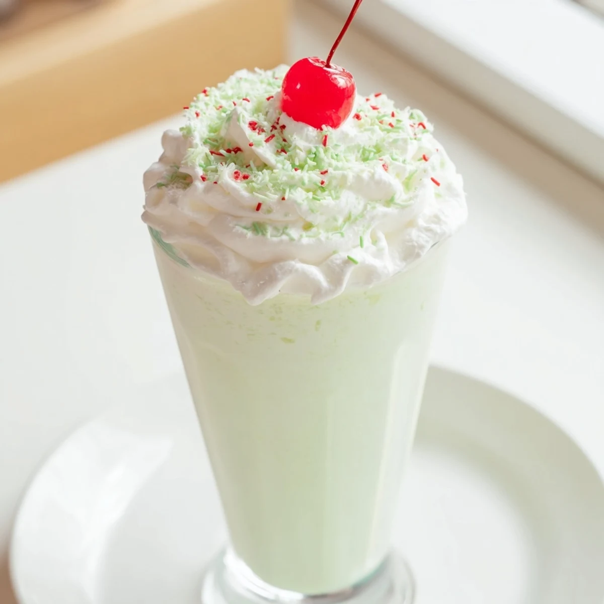 Serving the Homemade Copycat Shamrock Shake with green sprinkles, perfect for a festive St. Patrick’s Day.