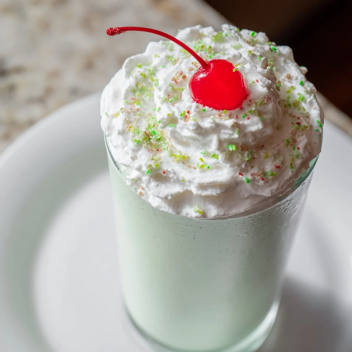 The Homemade Copycat Shamrock Shake shows creamy green texture and minty flavor in a chilled glass.