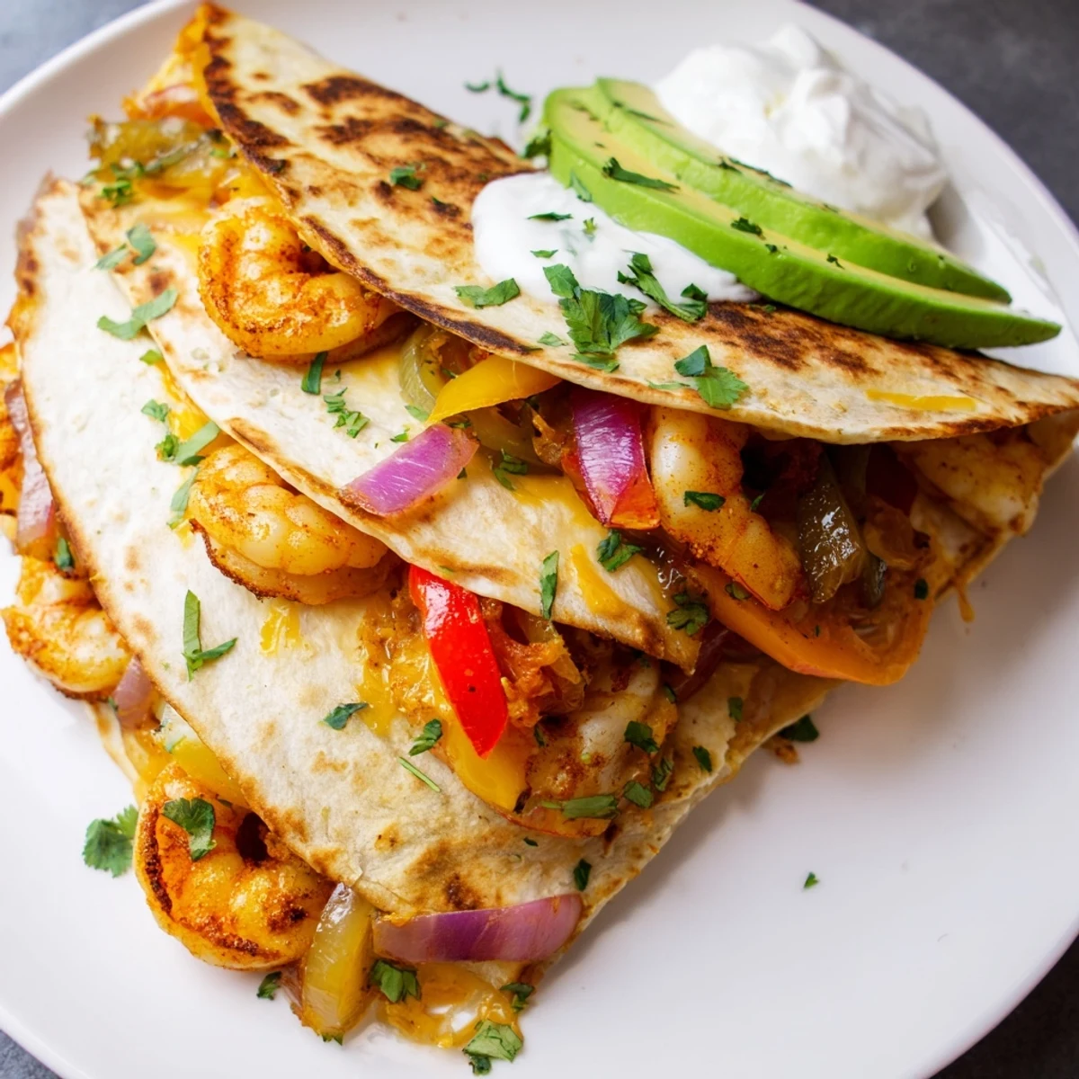 Close-up of golden Shrimp Fajita Sheet Pan Quesadillas with melted cheese and colorful peppers on a rustic board.